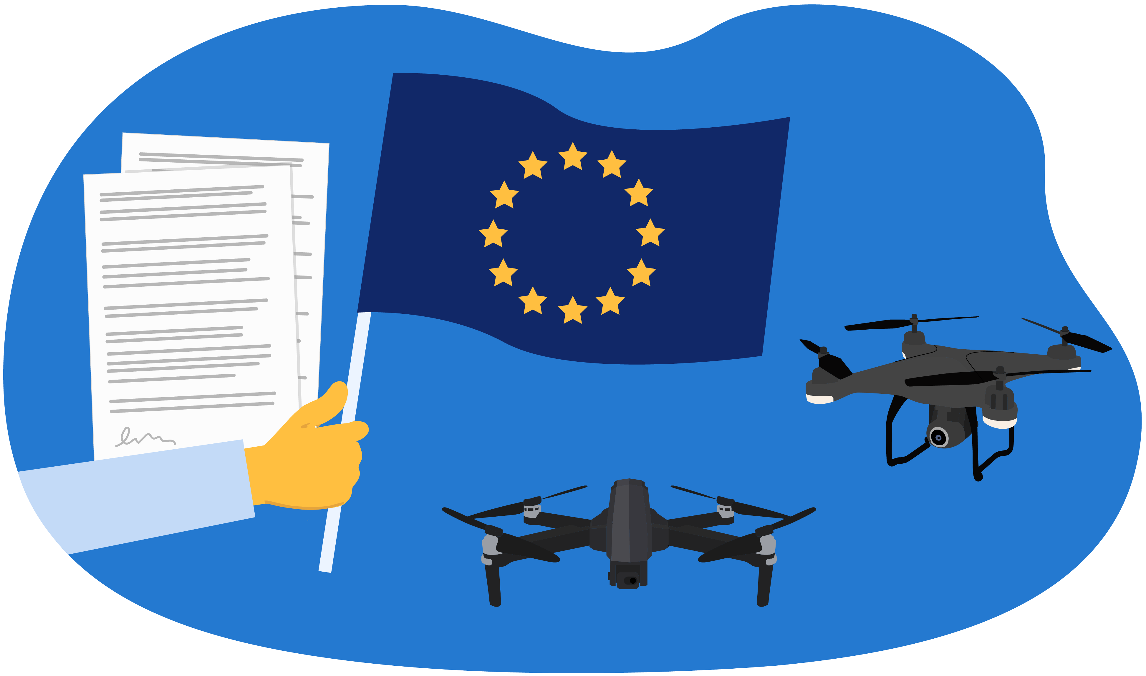 Das Drohnengesetz und die EU-Drohnenverordnung liegt neben einer europäischen Flagge und mehreren Drohnen.